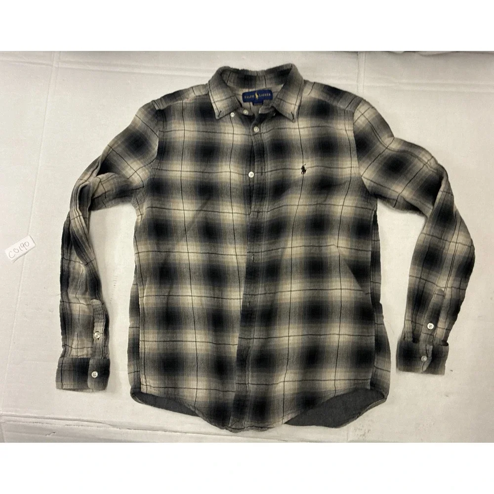 Ralph Lauren Boys XL 18-20 Gray Black Ombre Plaid Flannel Button Down Shirt Logo